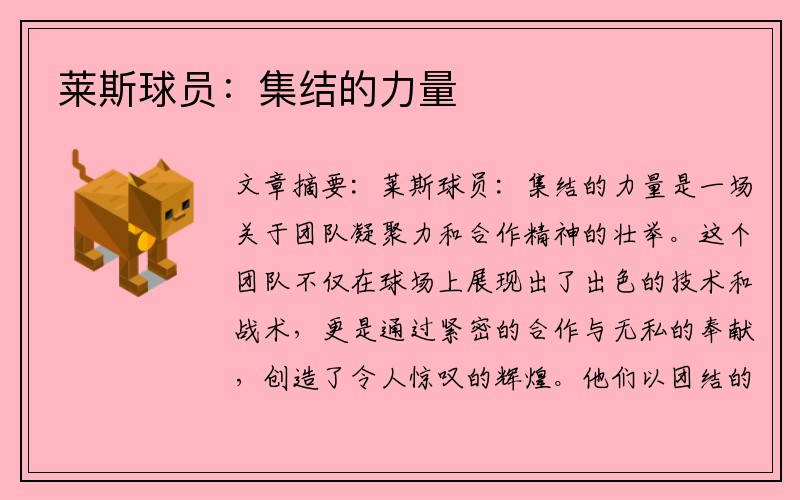 莱斯球员：集结的力量